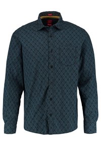 Blouse met een donkerblauw en zwart geometrisch patroon, lange mouwen en een kraag. Bevat een borstzak en een textuurstof.