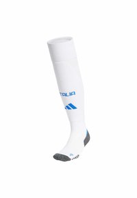 Calzino sportivo bianco con testo e accento blu "ITALIA"; tacco e punta grigi, parte superiore a costine, progettato per l'uso atletico, lunghezza fino al ginocchio.
