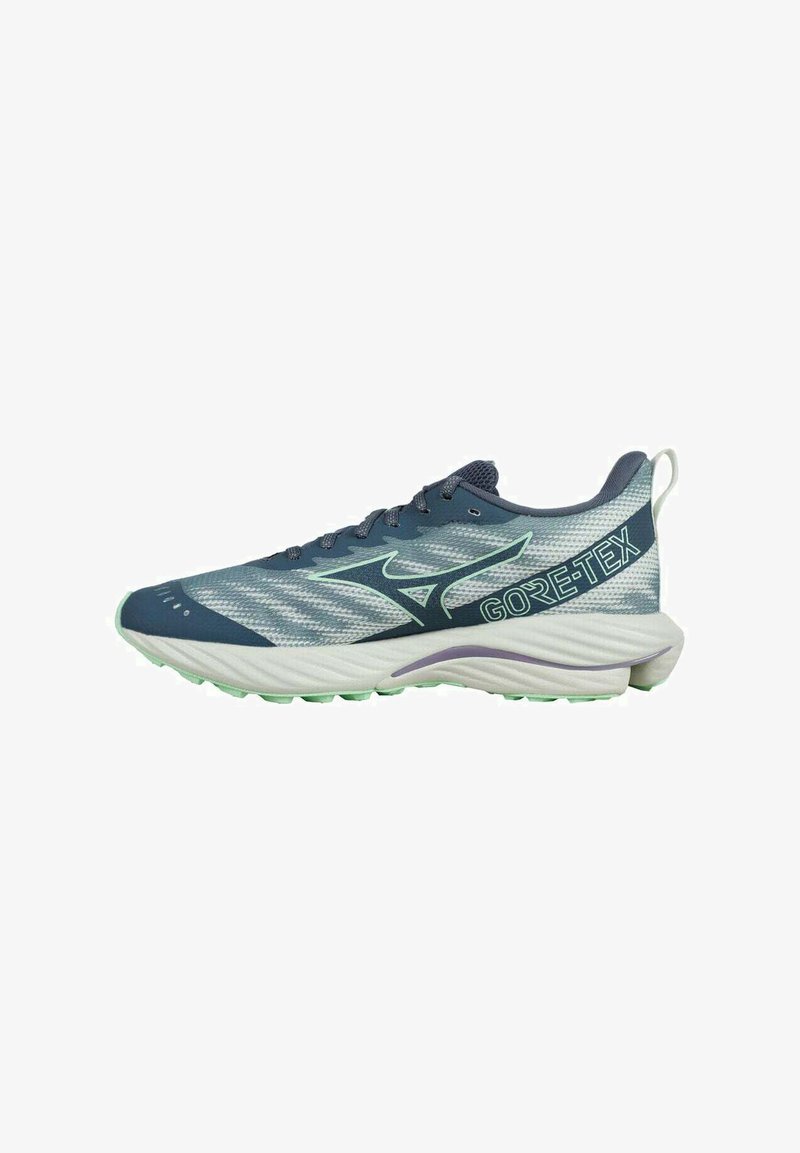 Scarpe da corsa blu e grigie con tomaia in rete, finitura testurizzata e marchio GORE-TEX. Presentano una suola ammortizzata e una trazione flessibile.