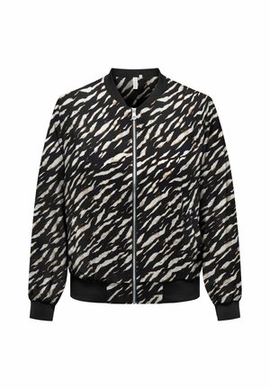 Zwarte bomberjack met wit en beige tijgerstreep patroon, rits aan de voorkant, geribde kraag, manchetten en tailleband.