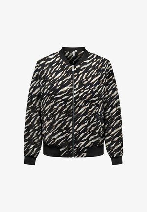 Must põhivärviga bomberjakk, millel on valge ja beež triibuline tiigrimuster, esikinnitusega tõmblukk, soonikkoes krae, varrukate otsad ja vöökohad.