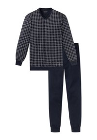 Navy sweatshirt with cream grid pattern, V-neck, and ribbed cuffs. Paired with matching navy jogger pants. Smooth, soft fabric texture.