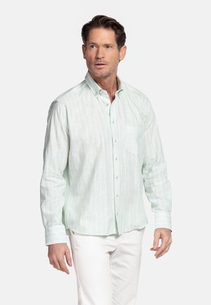 Man met gestyled bruin haar, gekleed in een lichtgroen gestreept overhemd met knopen en een witte broek, kijkt opzij tegen een effen achtergrond.