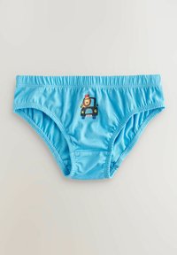 Lyseblå bomuldsundertøj med et legende løvegrafik i en grøn bil, med elastisk talje og sammensnøring i siderne for ekstra komfort.