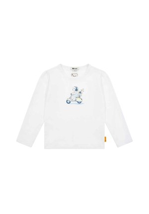 White long-sleeve T-shirt with a blue illustration of a character on a scooter, featuring a round neckline and soft fabric texture.