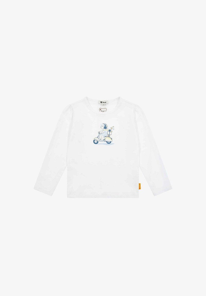 Weißes Langarm-T-Shirt mit blauer Illustration einer Figur auf einem Roller, mit rundem Ausschnitt und weichem Stoff.