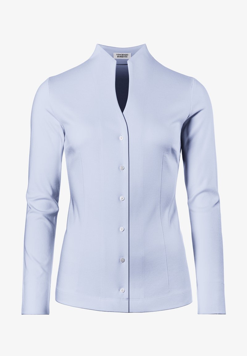 Light blue long-sleeve shirt with a band collar, featuring a button-front closure and subtle side seams. Smooth, lightweight fabric with a tailored fit.