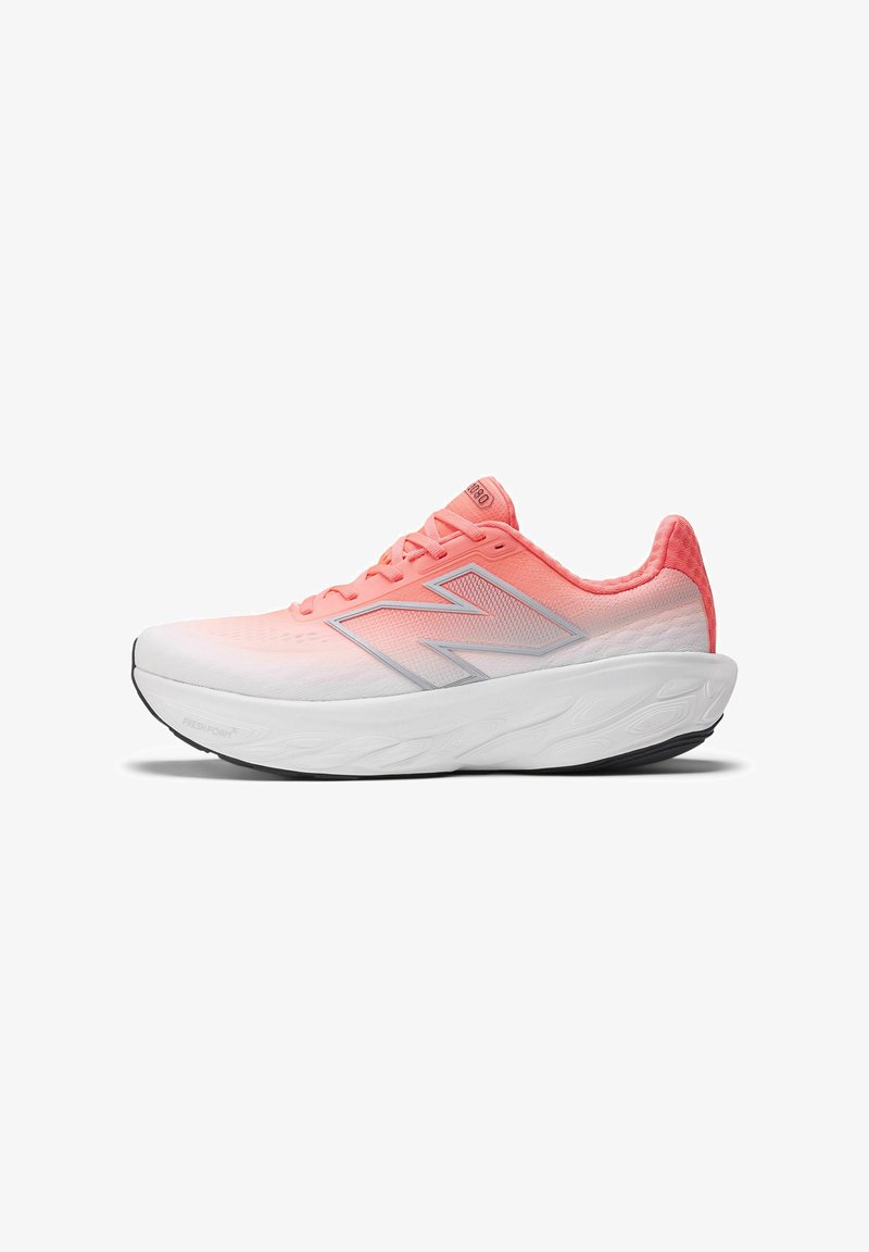 Men's running shoes with a pink upper, mesh material, white midsole, and black outsole. Features a prominent silver "N" logo on the side.
