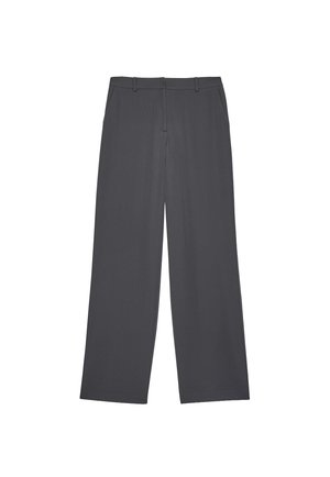 Dark gray wide-leg trousers made from lightweight fabric, featuring a flat front, two side pockets, and a tailored waistband.