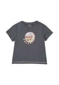 Szary bawełnowy t-shirt z krótkimi rękawami i zatrzaskami na ramionach. Na przodzie znajduje się design z dwoma żyrafami, krajobrazem oraz różowymi akcentami kwiatowymi.