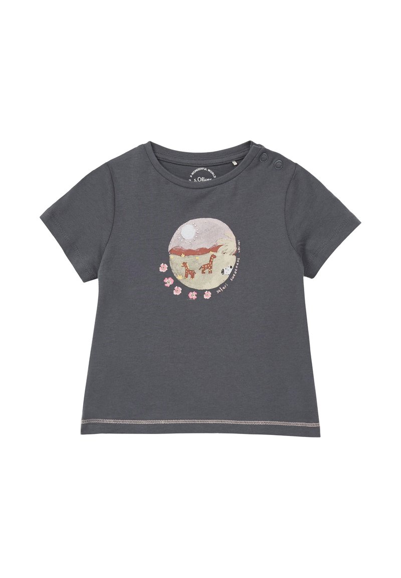 Szary bawełnowy t-shirt z krótkimi rękawami i zatrzaskami na ramionach. Na przodzie znajduje się design z dwoma żyrafami, krajobrazem oraz różowymi akcentami kwiatowymi.