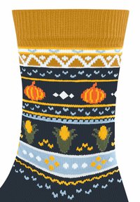 Skarpety typu dzianego z musztardowym wykończeniem, ciemnoniebieskim korpusem z pomarańczowymi dyniami, kwiatowymi wzorami w odcieniach żółci i zieleni oraz białymi akcentami.