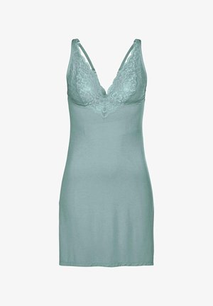 Hele teer kampsuun, reguleeritavate rihmadega, pitsist dekoltee. Pehme kangas, kehaümberöiv disain ja keskmise reiega pikkus. Ilma kaunistusteta.