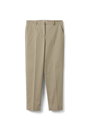 Beige tailored trousers with belt loops, side pockets, and pressed creases, displayed flat on a white background.