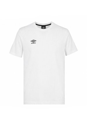 T-shirt blanc uni à manches courtes avec un col rond et un petit logo noir Umbro sur la poitrine gauche.