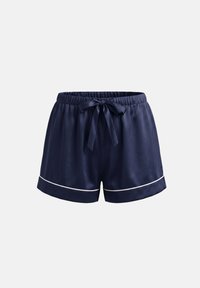 Shorts en satin bleu marine avec taille élastique, nœud à nouer devant et détail passepoil blanc le long de l'ourlet sur fond blanc.