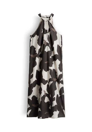 Mouwloze maxi-jurk met hoge hals, zwart en bruin abstract bloemenprint op witte stof, losse pasvorm, rits aan de achterkant.