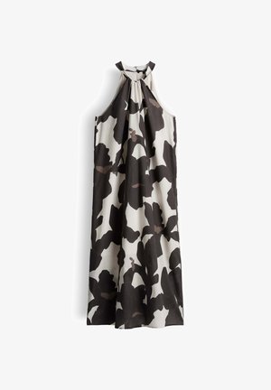 Mouwloze maxi-jurk met hoge hals, zwart en bruin abstract bloemenprint op witte stof, losse pasvorm, rits aan de achterkant.