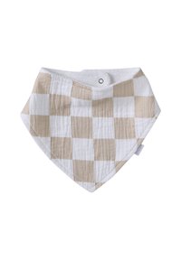 Beige and white checkered cotton baby bandana bib with snap closure and soft textured fabric.