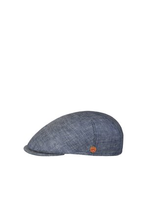 Flache blaue Schiebermütze mit Fischgratmuster und kleinem orangem rundem Logo auf der Seite, isoliert auf weißem Hintergrund.