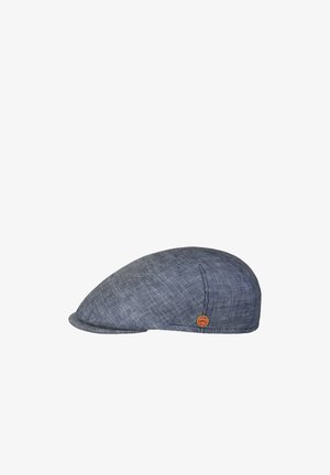 Flat blue herringbone-patterned flat cap with small orange circular logo badge on side, isolated on white background.