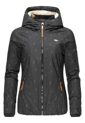 Schwarze Jacke mit weißem Anker-Muster, Reißverschluss vorne, Kapuze und elastischen Bündchen. Weiche Innenauskleidung, mit hellbraunen Lederakzenten. Wasserdichtes Material.