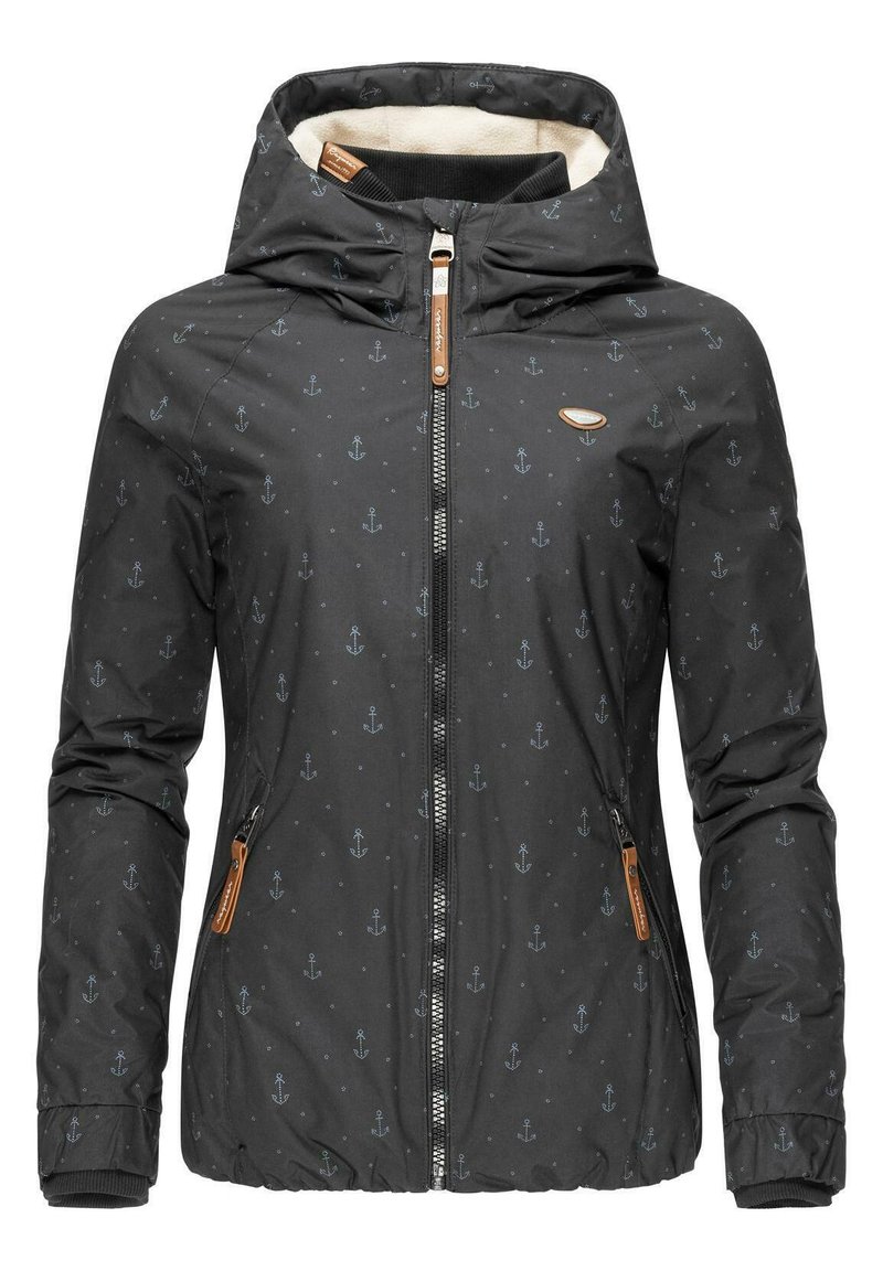 Giacca nera con motivo bianco ad ancora, chiusura con zip, cappuccio e polsini elasticizzati. Fodera interna morbida, presenta dettagli in pelle color beige. Materiale impermeabile.