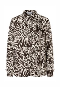 Bruine en crème langärmelige shirt met een zebra-patroon, knoopsluiting aan de voorkant en kraag, gemaakt van een lichtgewicht stof.