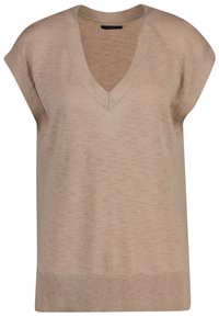 Beige striktrøje med V-hals og korte ærmer. Har en ribbet kant og tekstureret finish. Enkel, moderne design med en afslappet pasform.