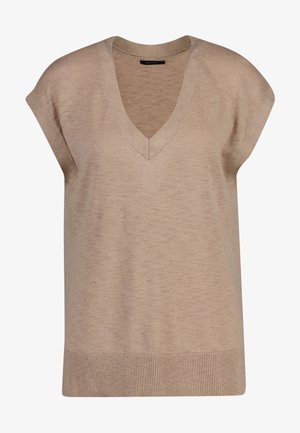 Suéter de punto beige con cuello en V y mangas cortas. Presenta un dobladillo acanalado y un acabado texturizado. Diseño sencillo y moderno con un ajuste relajado.