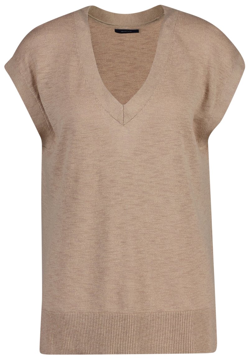 Beige striktrøje med V-hals og korte ærmer. Har en ribbet kant og tekstureret finish. Enkel, moderne design med en afslappet pasform.