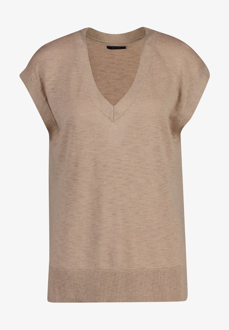 Beige striktrøje med V-hals og korte ærmer. Har en ribbet kant og tekstureret finish. Enkel, moderne design med en afslappet pasform.