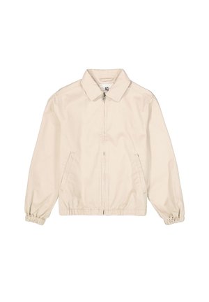 Lichtbeige jas met ritssluiting, kraag, elastische manchetten en zijzakken, weergegeven op een witte achtergrond.