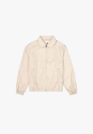 Lichtbeige jas met ritssluiting, kraag, elastische manchetten en zijzakken, weergegeven op een witte achtergrond.