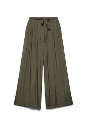 Szerokie spodnie w kolorze oliwkowej zieleni z zakładkami, wysokim stanem, szlufkami oraz paskiem wiązanym z tego samego materiału.