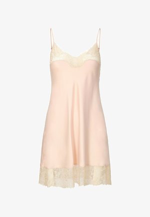 Camicia da notte in raso rosa chiaro con spalline sottili, bordatura in pizzo lungo la scollatura e l'orlo, e una silhouette fluida e liscia.