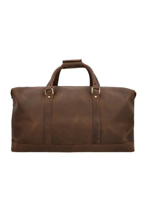Brązowa skórzana torba podróżna o gładkiej fakturze, z podwójnymi uchwytami i mosiężnymi akcentami. Posiada zamek błyskawiczny na górze oraz wzmocnione przeszycia boczne.