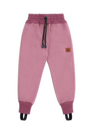 Różowe dziecięce spodnie dresowe z elastycznym paskiem w talii, czarnym sznurkiem, prążkowanymi mankietami przy kostkach oraz czarnymi paskami na stopach.