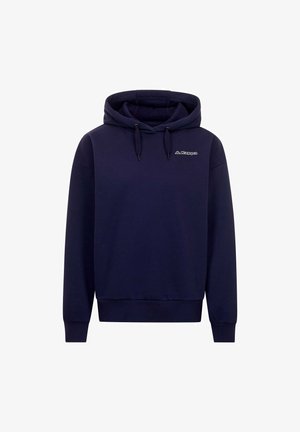 Sweat à capuche bleu foncé avec cordons et petit logo blanc "Kappa" sur la poitrine gauche, manches longues, poignets et ourlet côtelés.