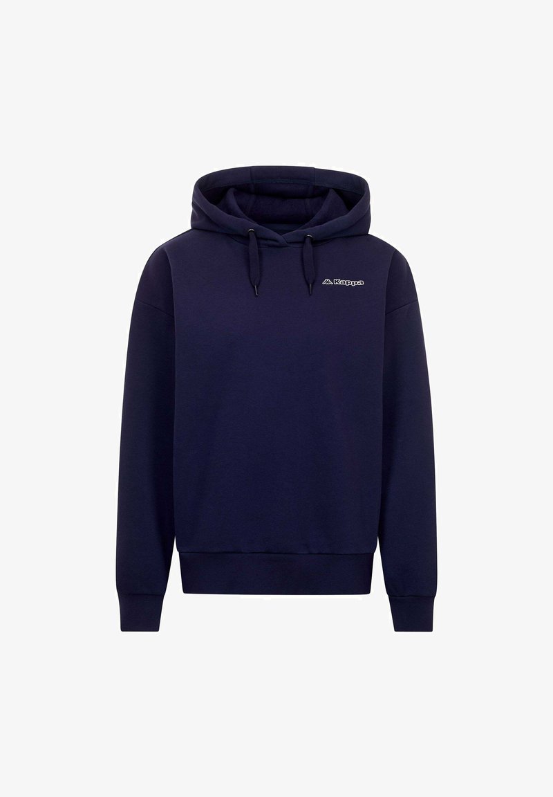 Felpa con cappuccio blu scuro con coulisse e piccolo logo bianco "Kappa" sul petto sinistro, maniche lunghe e polsini e orlo a coste.