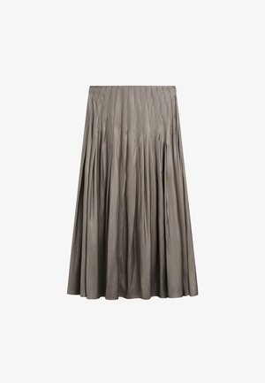 Grijze geplooide midi-rok met hoge taille en zachte vloeiende stof, die verticale plooien en een gladde textuur creëert.