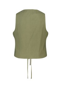 Olijfgroen mouwloos topje met een rechte snit, voorzien van een strikdetail aan de achterkant en een zachte linnen textuur. Eenvoudig en minimalistisch ontwerp.