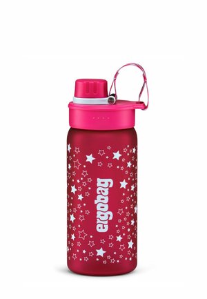 Rode roestvrijstalen waterfles met sterpatroon, wit logo en een roze flip-top deksel met een draagriem.