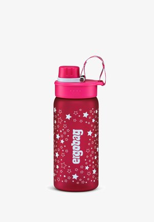 Rote Edelstahl-Trinkflasche mit Sternenmuster, weißem Logo und pinkem Klappdeckel mit Tragriemen.