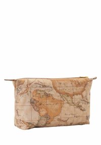 Busta con chiusura a zip con design di una mappa del mondo in tonalità terrose smorzate. Il materiale appare morbido con una superficie liscia. Presenta una finitura simile alla pelle.