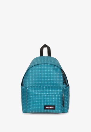 Cyan backpack met een rasterpatroon, gemaakt van stof, voorvak, dubbele zwarte ritsen, en een handvat aan de bovenkant. Merkl logo aan de voorkant.