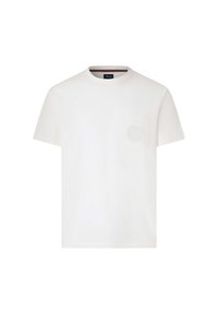 Camiseta de algodón blanca con cuello redondo, mangas cortas y un bolsillo en el pecho con un sutil logo en relieve.