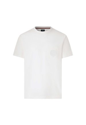 Camiseta de algodón blanca con cuello redondo, mangas cortas y un bolsillo en el pecho con un sutil logo en relieve.