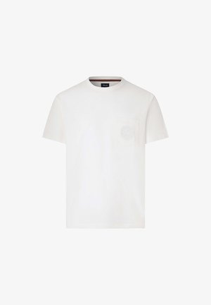T-shirt bianca in cotone con collo tondo, maniche corte e una tasca sul petto con un logo in rilievo discreto sulla tasca.