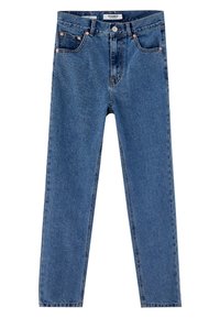 Jean taille haute à jambes droites en denim bleu. Comprend cinq poches, des rivets en cuivre et une étiquette de marque sur la ceinture.